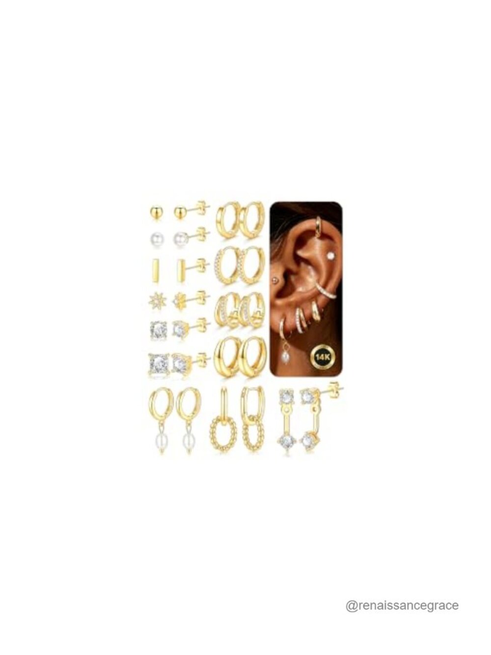 13 Pairs 14K Gold Plated Earrings Set Hypoallergenic Stackable Stud Huggie Hoop